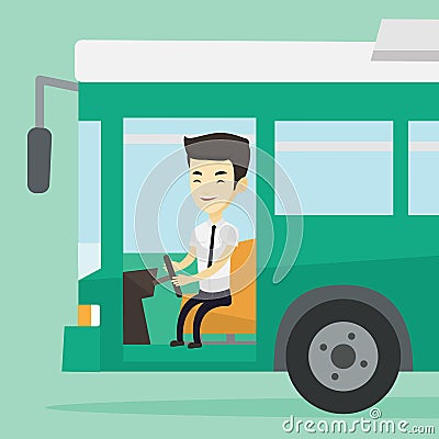 Asian bus driver sitting at steering wheel. Vector Illustration