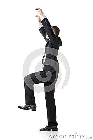 Asian business man pull up pose, full length portrait isolated o Stock Photo