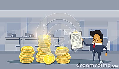 Asian Business Man Sign Successful Contract Deal Standing Over Stacks Of Dollar Coins Financial Success Concept Vector Illustration