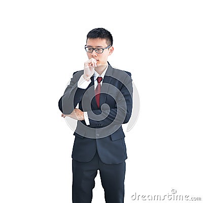 Asian Business man thinking isolated on white background, clipping path inside Stock Photo