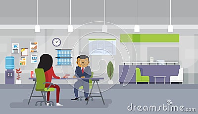 Asian Business Man And Woman Meeting Or Recruitment Interview Business People Sitting At Office Desk Discuss New Ideas Vector Illustration