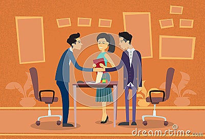 Asian Business People Meeting Businessman Shake Hand Discussing Office Desk Flat Vector Illustration