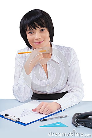 Asian business woamn ath the table isolated Stock Photo