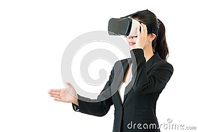 Asian business woman handshake by VR headset glasses Stock Photo