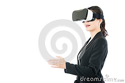 Asian business woman handshake by VR headset glasses Stock Photo