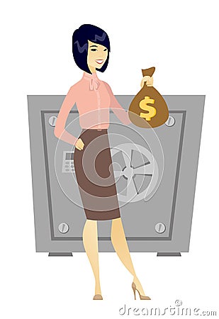 Asian business woman holding a money bag. Vector Illustration