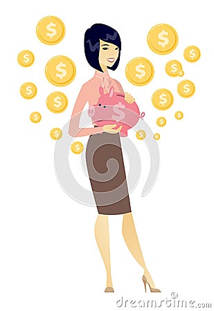 Asian business woman holding a piggy bank. Vector Illustration