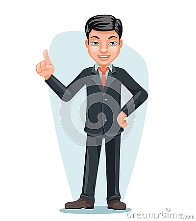 Asian Businessman Chinese Japanese Vietnamese Male Employee Boss Hand Forefinger Up Cartoon Character Design Vector Vector Illustration