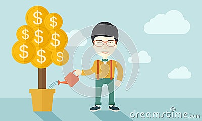 Asian businessman happily watering the money tree Vector Illustration