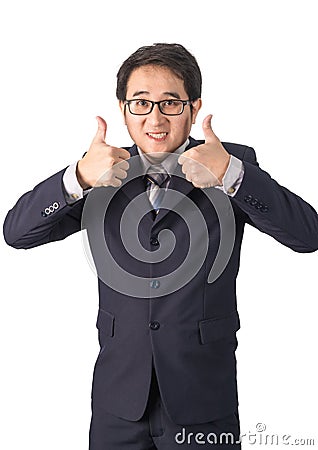 Asian businessman making thumbs up with a Smiling, Isolated on w Stock Photo