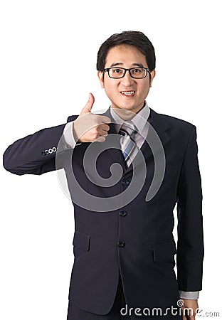 Asian businessman making thumbs up with a Smiling, Isolated on w Stock Photo
