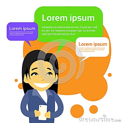 Asian Businesswoman Cartoon Character Using Cell Vector Illustration