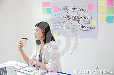 Asian Businesswoman drinking coffee / tea and using tablet computer in a modern office, resting and thinking for something that Stock Photo