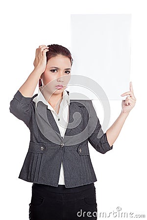 Asian businesswoman headache hold a vertical blan Stock Photo