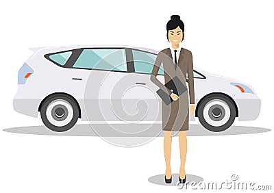 Asian businesswoman standing near the blue car on white background in flat style. Business concept. Detailed Vector Illustration