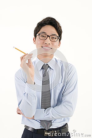 Asian bussinessman with a pencil Stock Photo