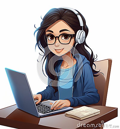 Asian or caucasian woman in glasses and headphones working with computer laptop at a desk. Software developer Cartoon Illustration