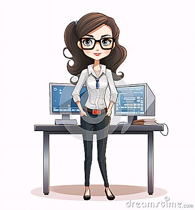 Asian or caucasian woman in glasses standing in front of a desk with computer on it. Software developer, programmer or Cartoon Illustration