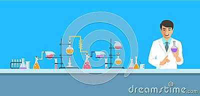 Asian chemist in chemical laboratory Vector Illustration