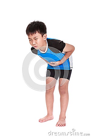 Asian child athletes suffering from stomachache. Isolated on white background. Stock Photo