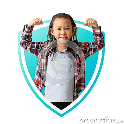 Asian child girl raises arms shows muscles In immunity shield protected Stock Photo