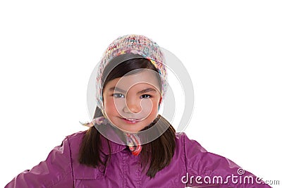 Asian child kid girl winter portrait purple coat and wool cap Stock Photo