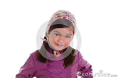 Asian child kid girl winter portrait purple coat and wool cap Stock Photo