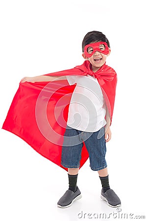 Asian child in in Superhero`s costume Stock Photo