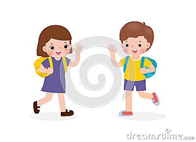 Asian children with the backpack saying goodbye to schoolmates Cartoon characters Boy and Girl school kids going to school isolate Vector Illustration