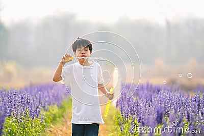 Asian children boys enjoying blowing a soap bubbles in garden Stock Photo