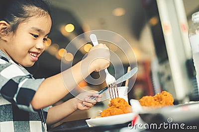 Asian Children Eating Fried Chicken Food Court Stock Photo