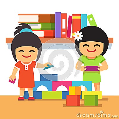 Asian children playing building tower together Vector Illustration