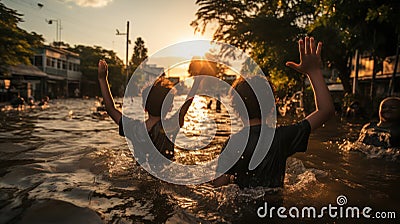 Asian children playing in the water during the flood of the river at sunset Stock Photo