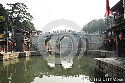 Asian Chinese, Beijing, the Summer Palace, the three hole long bridge Editorial Stock Photo