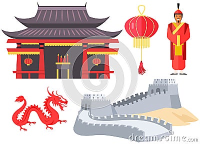 Asian or Chinese building or temple in traditional style and fabulous mythical red dragon isolated Vector Illustration