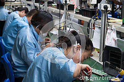 Asian Chinese Electronics Factory Workers Female Industry Manufacturing Assembly Line Editorial Stock Photo