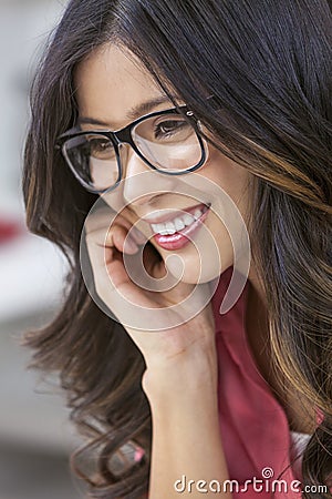 Asian Chinese Woman Girl Wearing Geek Glasses Stock Photo