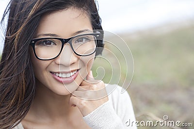 Asian Chinese Woman Girl Wearing Geek Glasses Stock Photo