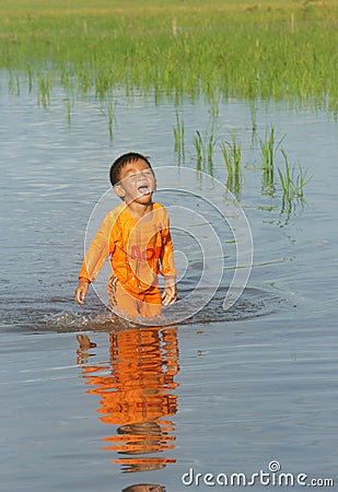 Asian chlidren, water, little boy, danger Editorial Stock Photo