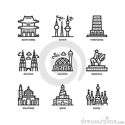 Asian cities and counties landmarks icons set Vector Illustration