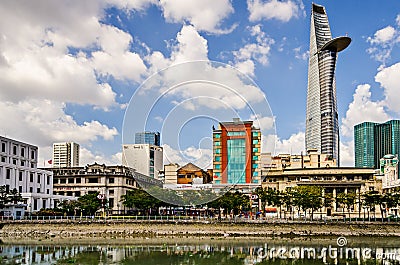 Asian city of Ho Chi Minh or Saigon. City skyline with the Bitexco Tower. (Ho Chi Minh City, Vietnam - 25/01/2020 Editorial Stock Photo