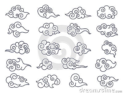 Asian clouds. Chinese or japanese line cloud decorative collection. Traditional korean vector elements Vector Illustration