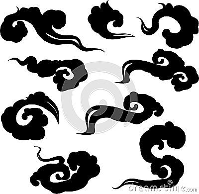 Asian cloudy set. Traditional chinese, korean and japanese clouds in oriental style. Set of sky elements. Vector collection isolat Vector Illustration