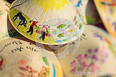 Asian Cone Hat Handicraft. Vietnam Style Cone Hat. Selective Focus Stock Photo