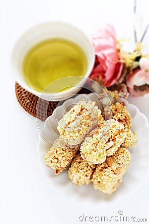 Asian confectionery, rice crackers on dish Stock Photo