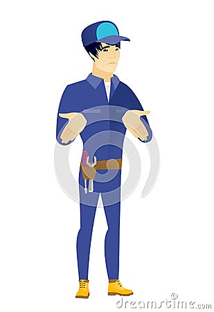 Asian confused mechanic shrugging shoulders Vector Illustration