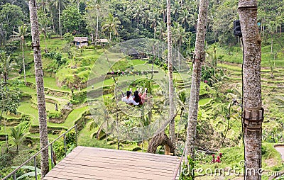 An Asian couple sitting on swing over Tegalalang Rice Terrace is one of the famous tourist objects in Bali situated in Tegalalang Editorial Stock Photo