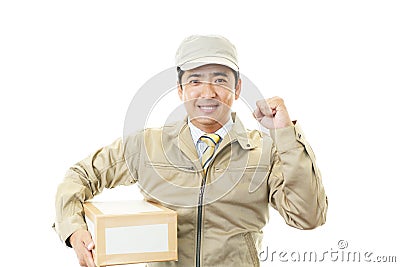 Asian courier delivering a package Stock Photo