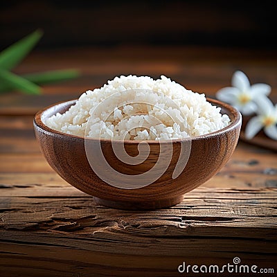 Asian cuisine Steamed rice bowl, traditional and healthy wooden dish Stock Photo