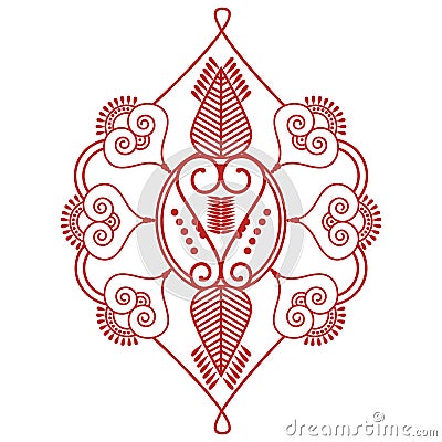 Asian culture inspired wedding makeup henna tattoo decoration Two leaves shape floral decoration made out of leaves in red and Vector Illustration